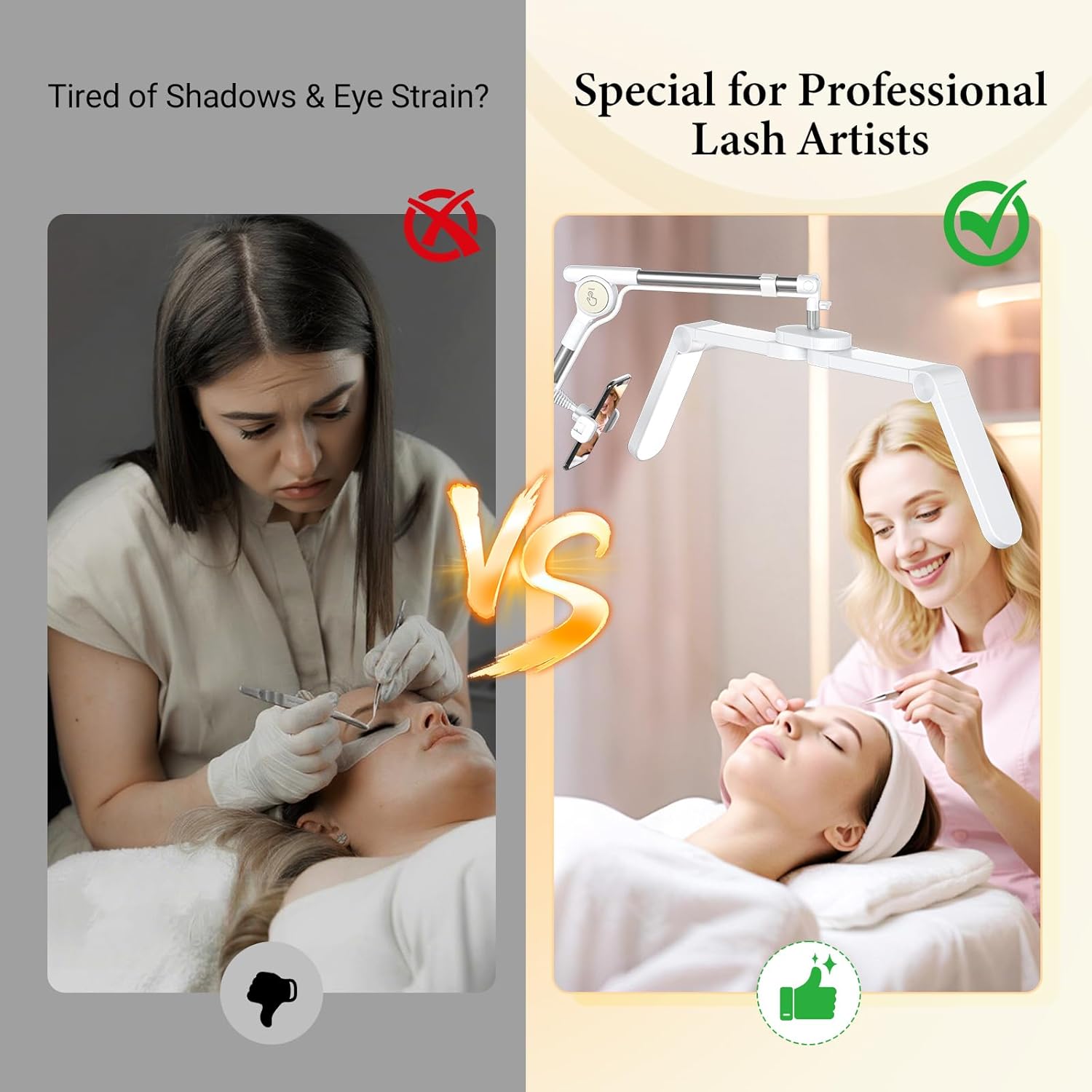 LIONVISON Half Moon Lash Light: Foldable Double Arms 6500K LED Floor Light with Phone Holder - 360° Rotating Retractable Metal Stand - Salon Use for Lash Artists Eyelash Extensions (White)