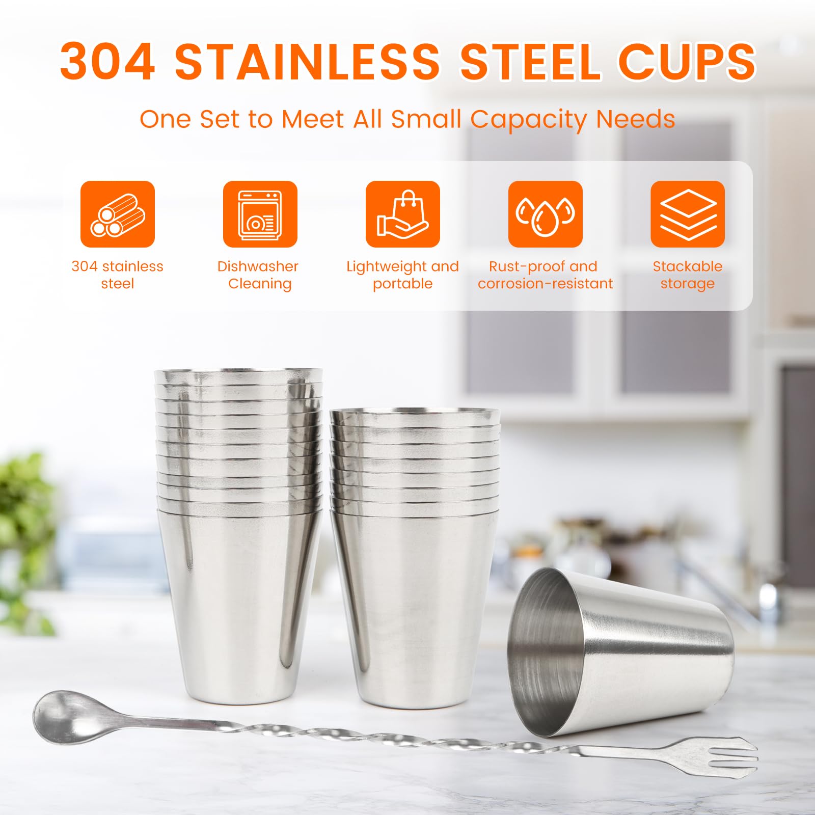 20 vasos de acero inoxidable y 1 cuchara, 30 ml vaso de metal | Apilable viaje