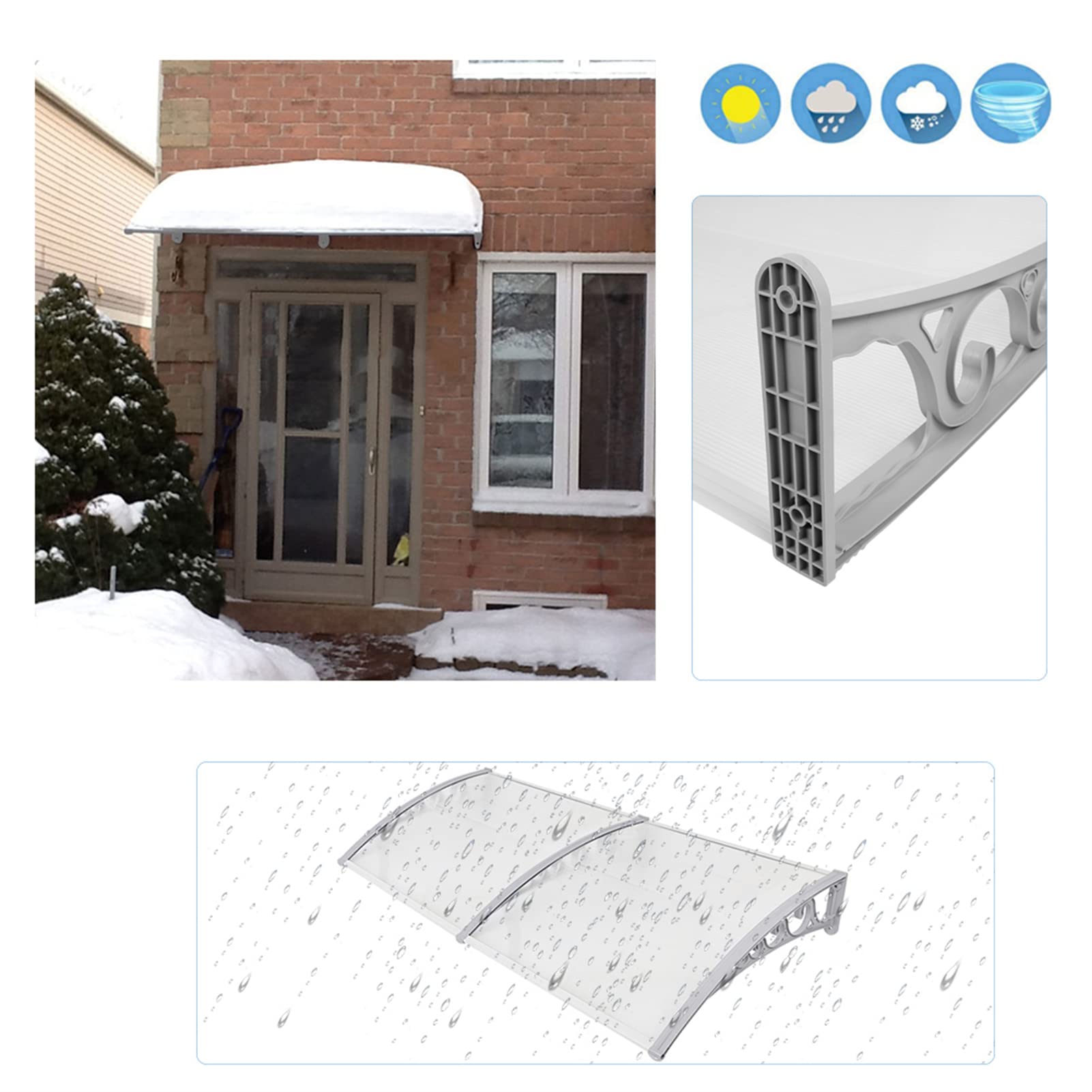 Homewell Vordach für Haustür 100 x 200 cm Weiß, Modern Überdachung Haustür aus PC-Hohlplatte, PP-Kunststoff Rahmen und Aluminium Frontstange, Sonnenschutz und Regenschutz (100 * 200 cm, Weiß)