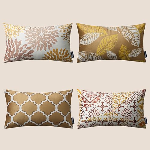 Phantoscope New Living Series - Juego de 4 fundas de cojín decorativas de terciopelo con diseño de hojas, color beige dorado, 12 x 20 pulgadas, 11.8