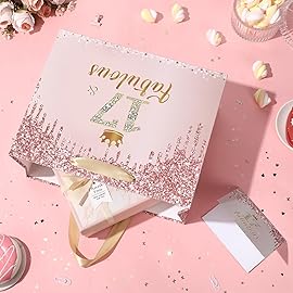 Yoirrat Rose Gold 17th Birthday Gift Bag for Girls 17 & Fabulous Large Pink Happy 17th Birthday Gift Bag with Wrapping Paper and Card for 17th Bday Decorations Party Supplies