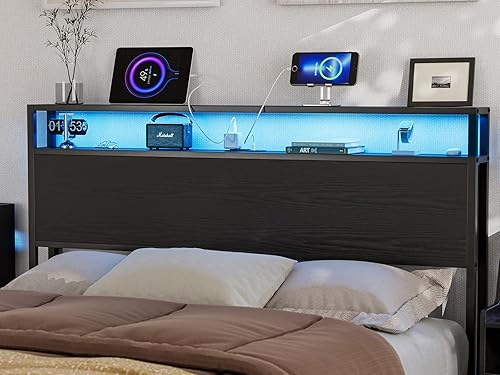 IKIFLY Cabecera de almacenamiento tamaño Queen con luces LED y estación de carga, cabecera industrial de metal y madera, solo para dormitorio, marco