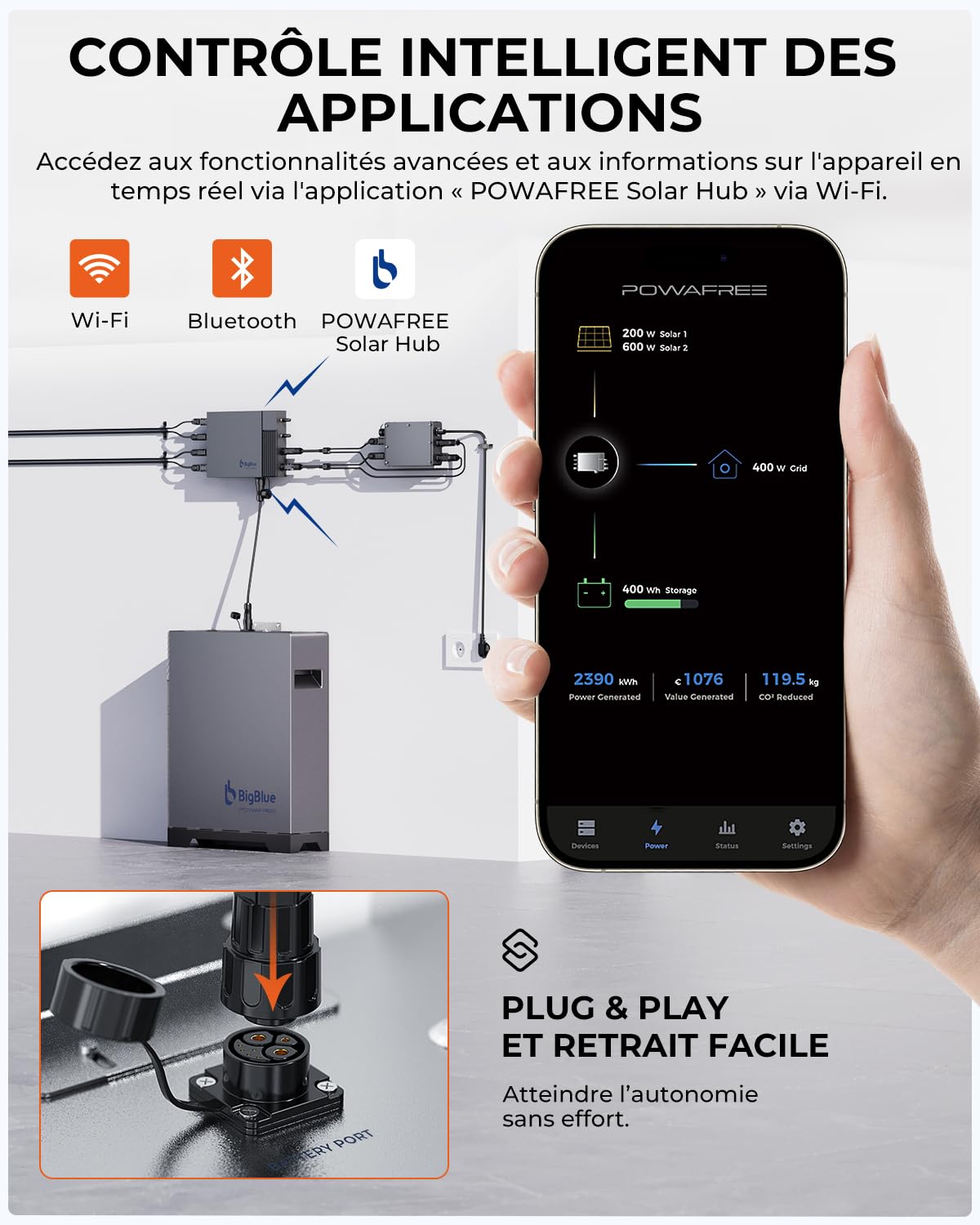 【Fonctionne à -20 °C et 2,56kWh-Batterie LiFePO4】BigBlue Powafree Station Électrique pour Balcon, IP67 Étanche, 3 Traceurs MPPT avec Entrée Solaire 800W, Plug & Play, Contrôle par APP