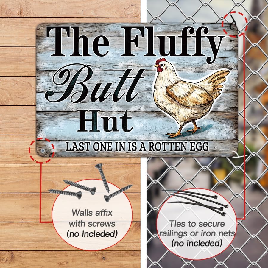 Vintage Metal Tin Signs Funny Fluffy Butt Hut Chicken Coop Sign -"Last One In Is A Rotten Egg" Sarcastic Party Wall Decor for Farm, Poultry House, Kitchen, and Barn（8x12 Inch） image 4
