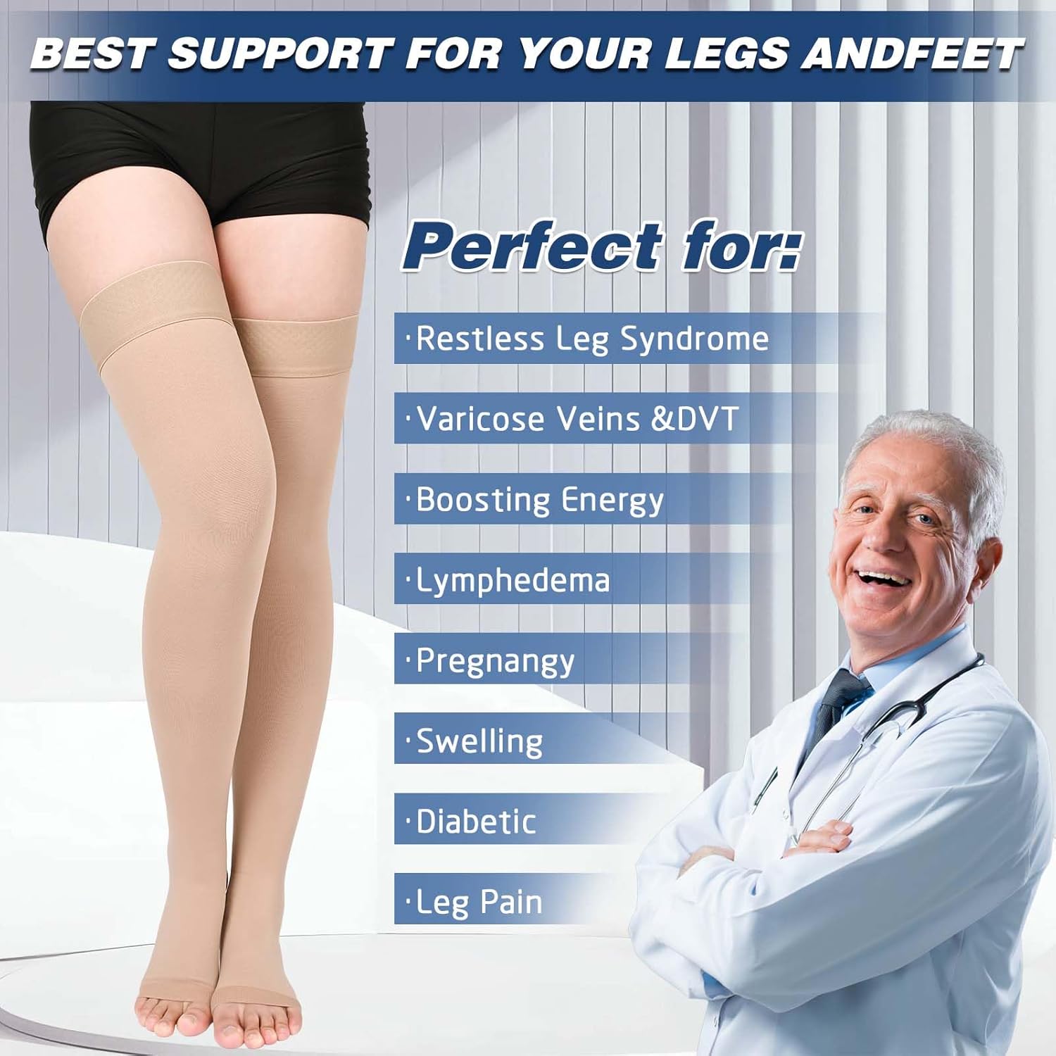 Compression Stockings for Women & Men, 2 Pairs 15-20mmHg Thigh High Compression Socks for Varicose Veins, Swelling, Pregnant - Image 5