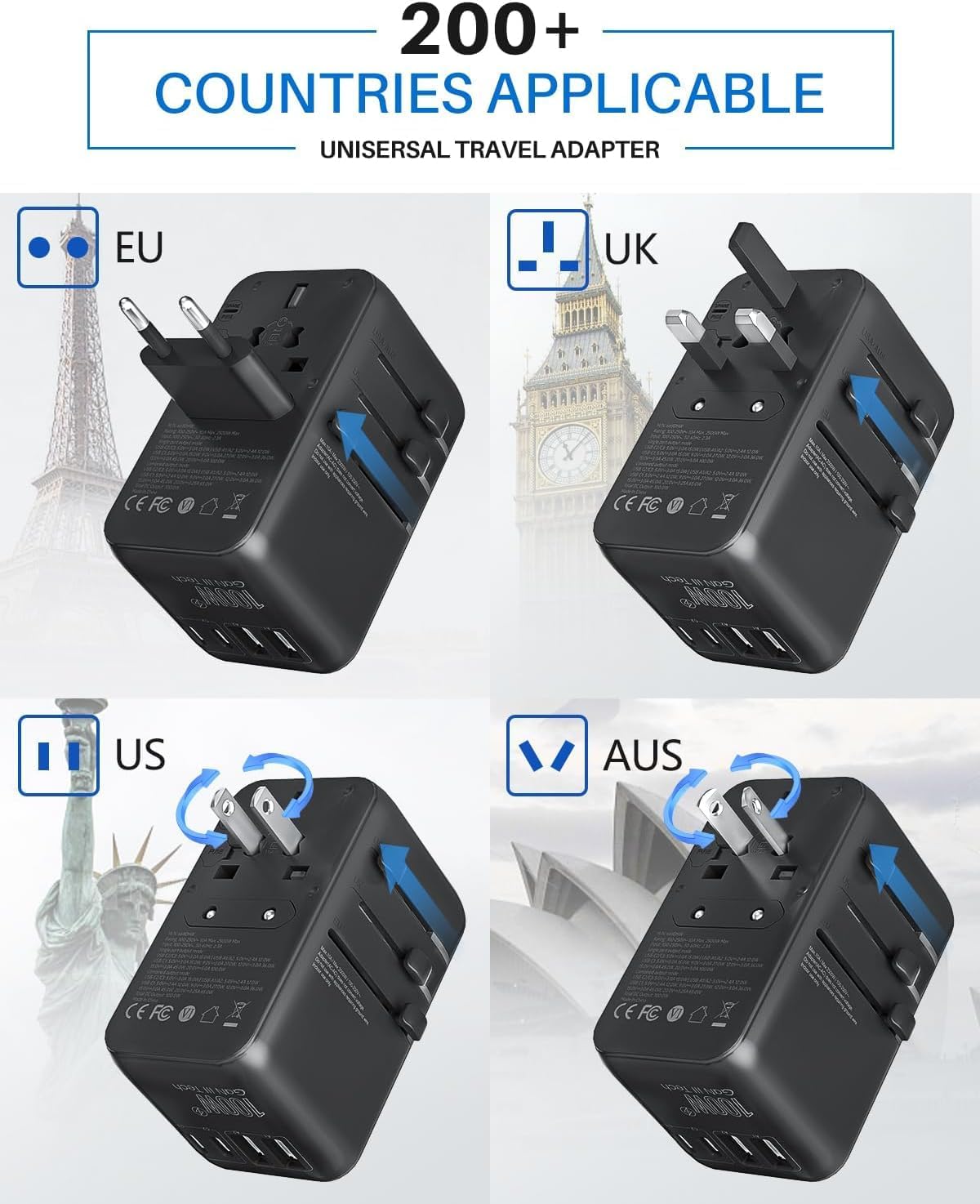 DOACE 100W GaN Universal Travel Adapter, 6-in-1 International Power Adapter, European Travel Plug with Built-in USB-C Cable, Fast Charging, Worldwide for EU UK US AUS, Travel Essentials (Black)