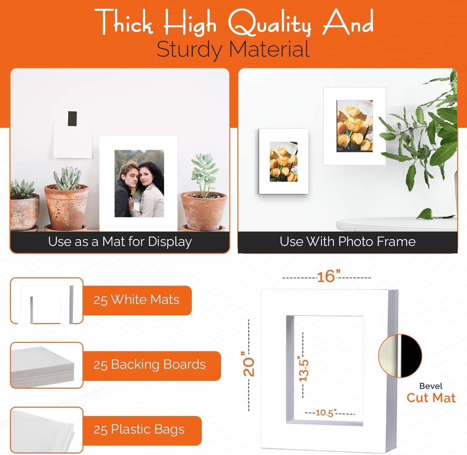 iFrame 16" x 20" Pre-Cut White Mats with Light Cream Bevel-Cut + Backing Boards + Transparent Clear Plastic Bags for 11" x 14" Photo Acid Free Photo Album Complete Set (Pack of 25)