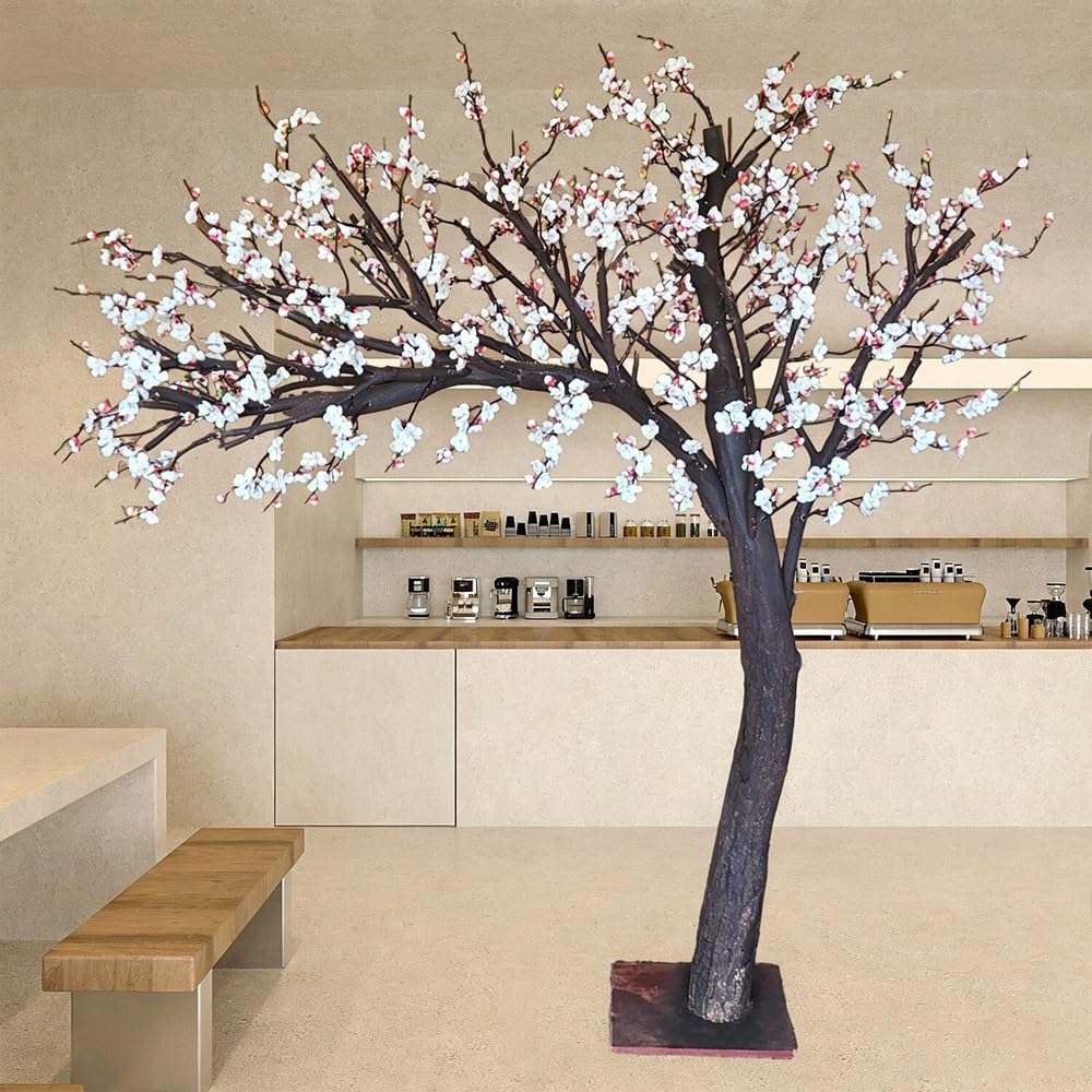 Freestanding Fake White Flower Tree, Lifelike Artificial Plum Blossom Tall Simulation Plant for Spring Festival Commercial Window Display(4.5M)