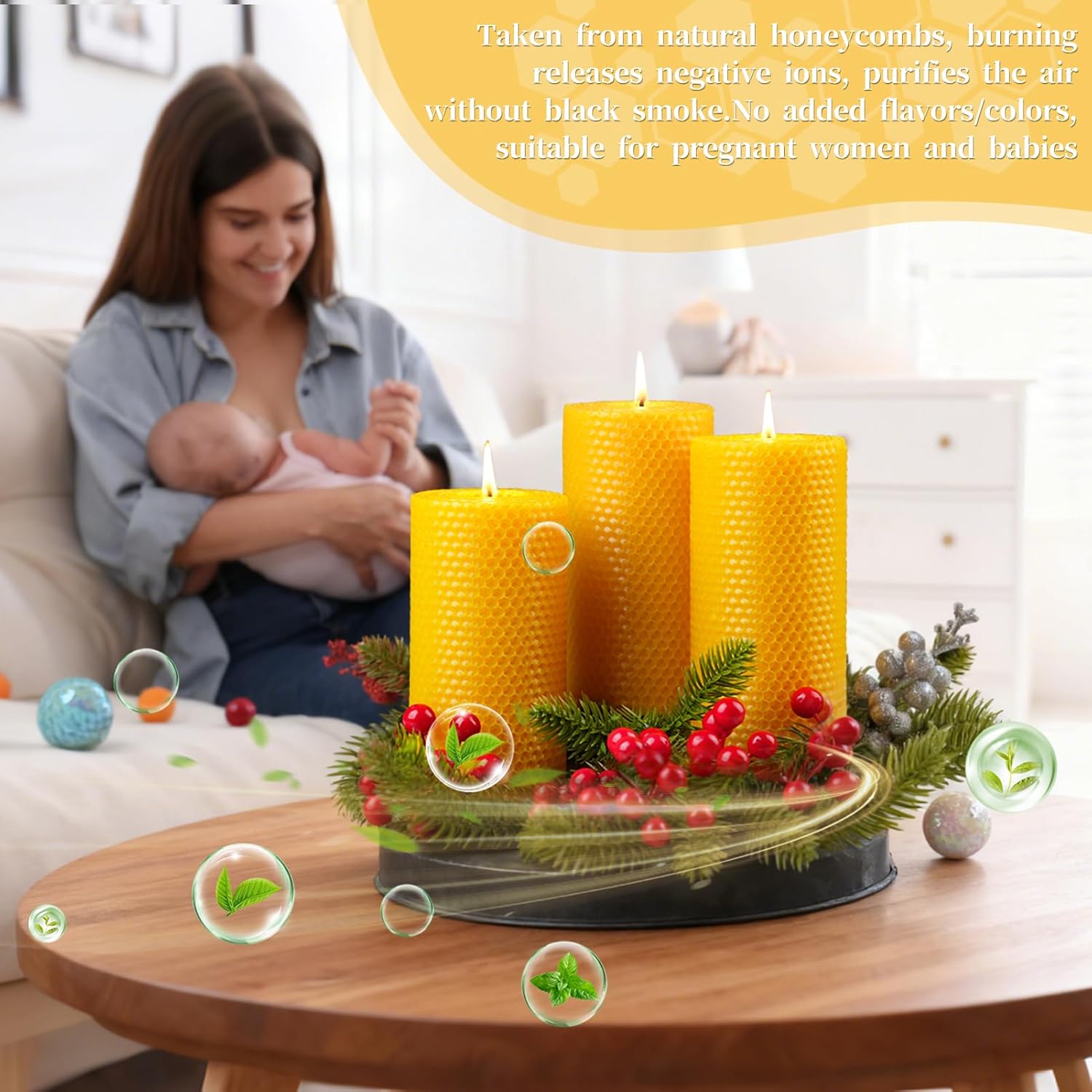 3 Pack Natural Beeswax Pillar Candles,2.8x6in Handmade Beeswax Rolled Candles,129 Hours Long Burning Honeycomb Bees Wax Candle for Gift & Home Decor,Dripless Smokeless Unscented - Image 5