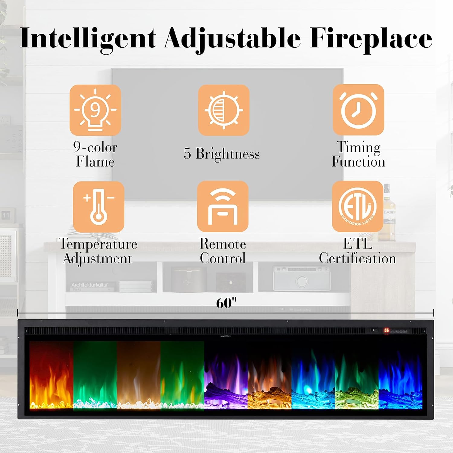 75” Fireplace TV Stand with 60” Electric Fireplace, Chunky Entertainment Center with Wood Grain, Color Clash Entertainment Stand for TVs up to 85”, White&Grey