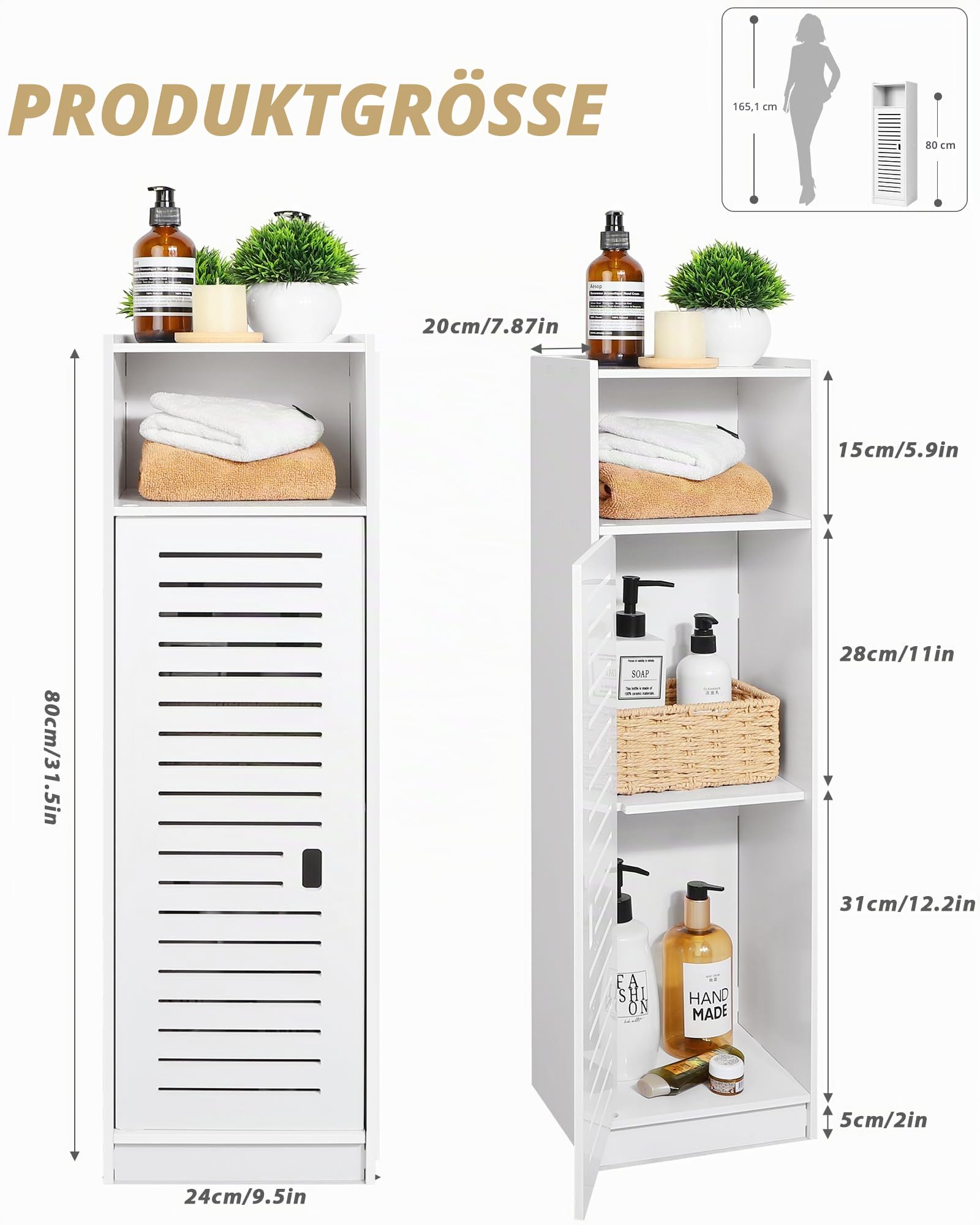 aimu wasserdichte Badezimmerschränke, Badezimmer Aufbewahrungseinheiten mit offenem Aufbewahrungsregal, freistehende Bodenschränke, Eck-Organizer für Schlafzimmer, Küche, Flur, 80x20x24 cm,weiß.