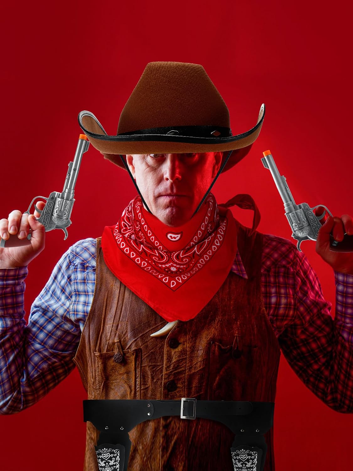 Fourluoo 5 Pcs Cowboy Hat Accessories Set Western Costume Black Adjustable Cowboy Gun Belt and Holster Red Paisley Bandanna Outfit for Adult Halloween Dress up Parties