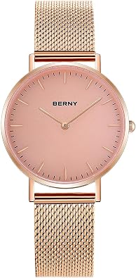 BERNY Watches for Women Two Hands, Rose Gold Quartz Ladies Watch - Bracelet Minimalist Fashion Waterproof Wristwatch, Ultra-Thin Design and Mesh Strap