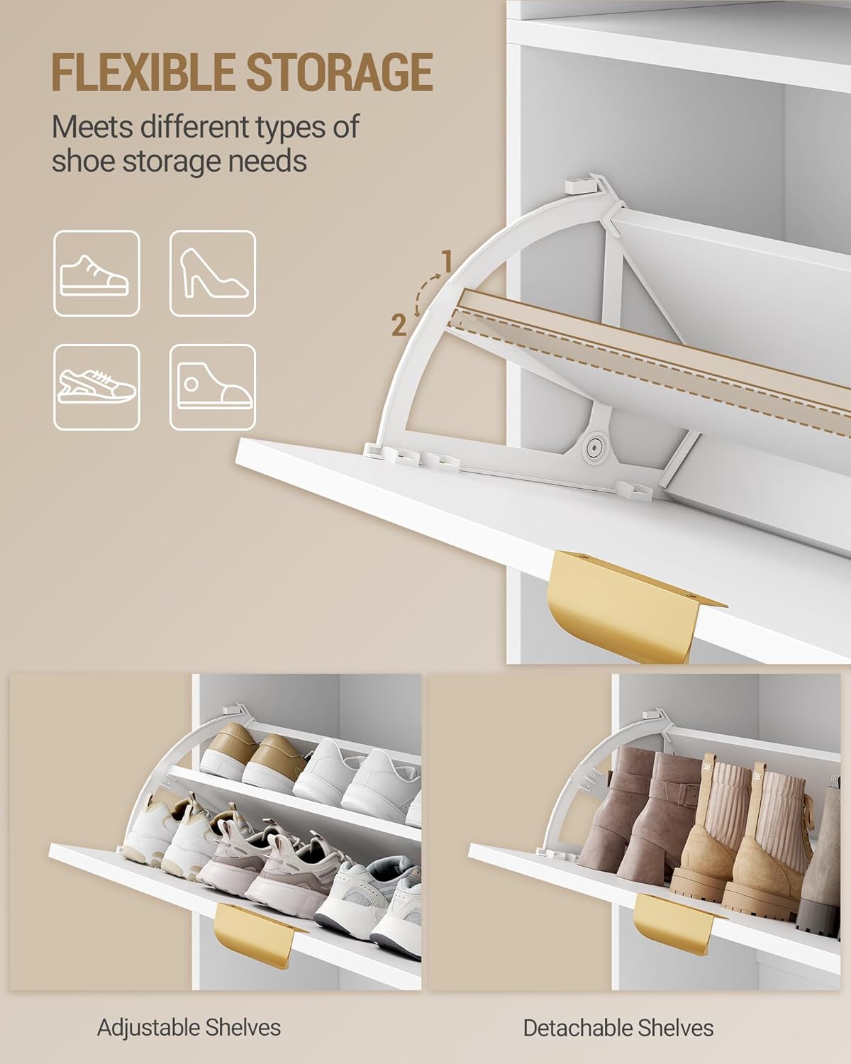 Shoe Cabinet with 3 Flip Drawers, Narrow Hidden Shoe Storage Cabinet with Adjustable Shelves, 18-24 Pairs, Narrow Shoes Organizer Cabinets with Gold Handles for Entryway, White SR61203X