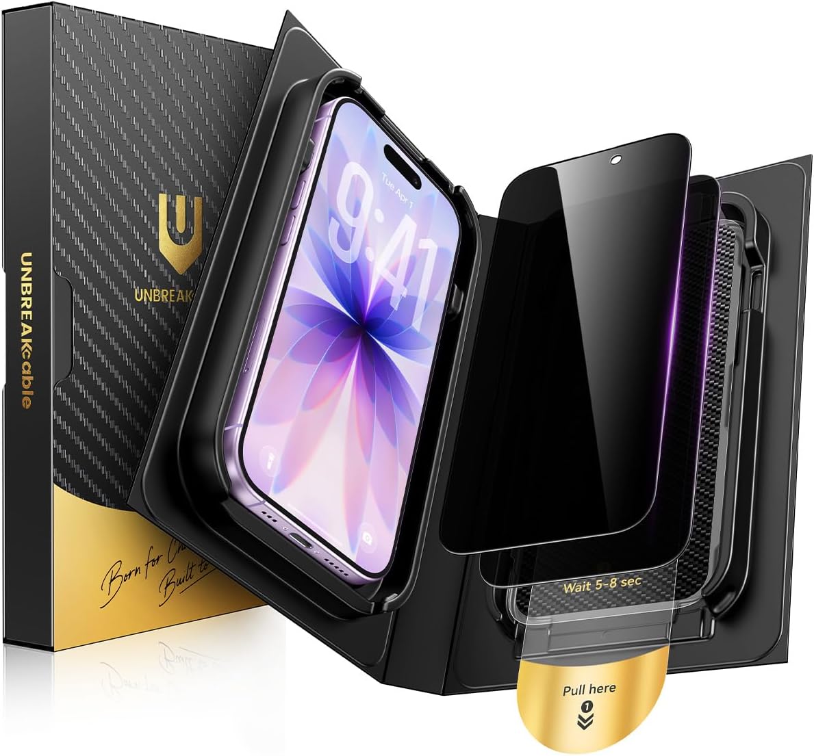 UNBREAKcable Privacy Screen Protector for iPhone 17, Auto Dust-Elimination Kit, 28° Anti-Spy Shatterproof Tempered Glass, Bubble-Free Easy Install, 9H Full Coverage Film - 2 Pack