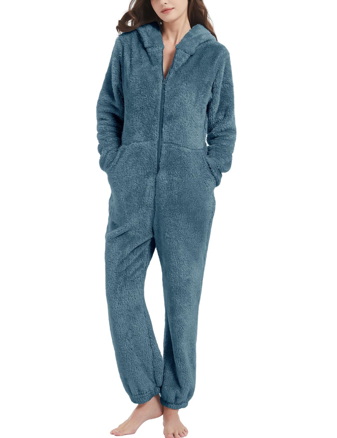Womens Onesies Pajamas One Piece Hooded Adult Pajama Jumpsuit Winter Fuzzy Sleepwear-image-44