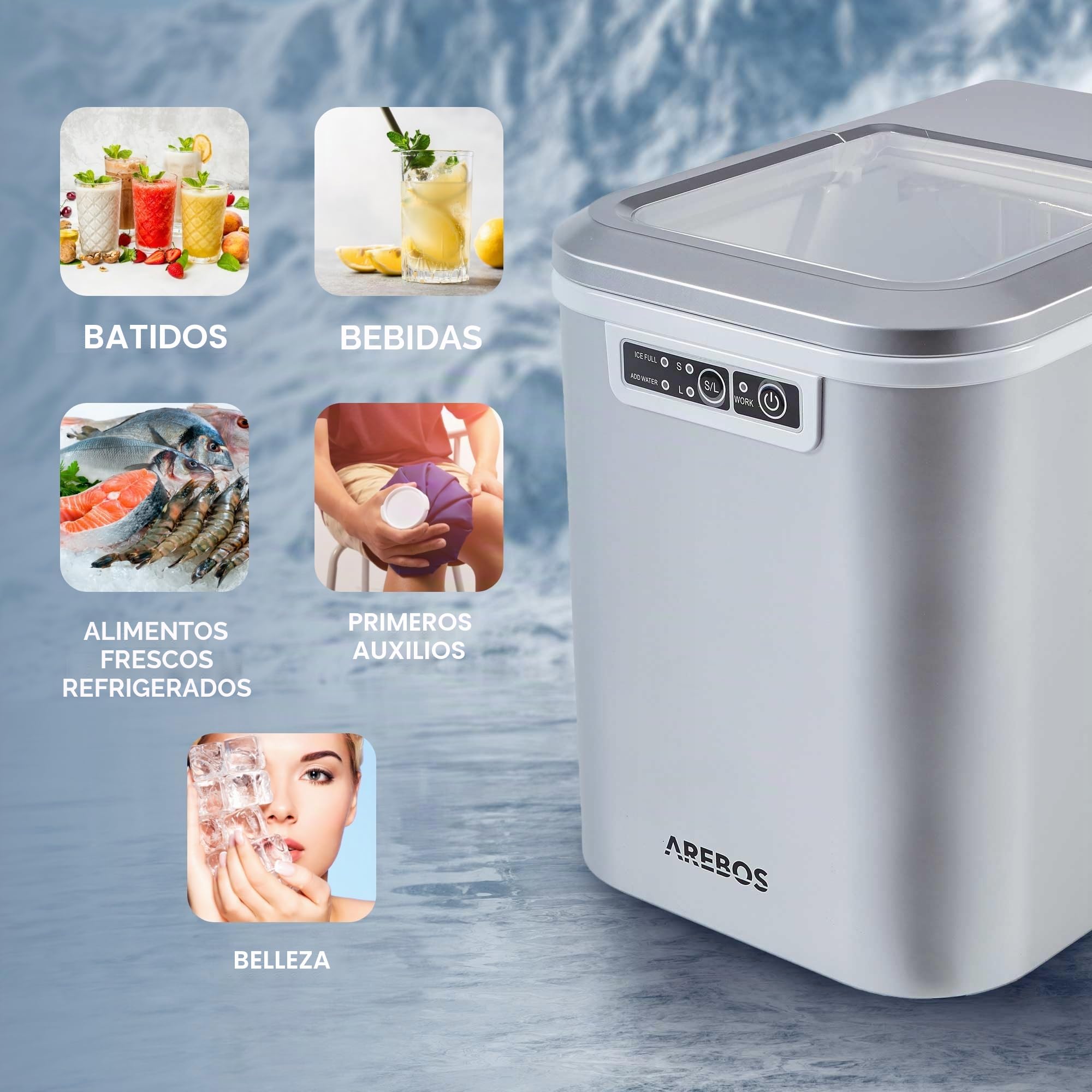 Máquina para hacer cubitos de hielo | 12 kg/24 h | 8 minutos de tiempo de producción | 2 tamaños de cubitos de hielo | 2,2 L | Arebos | silencioso | Ice Maker sin conexión de agua