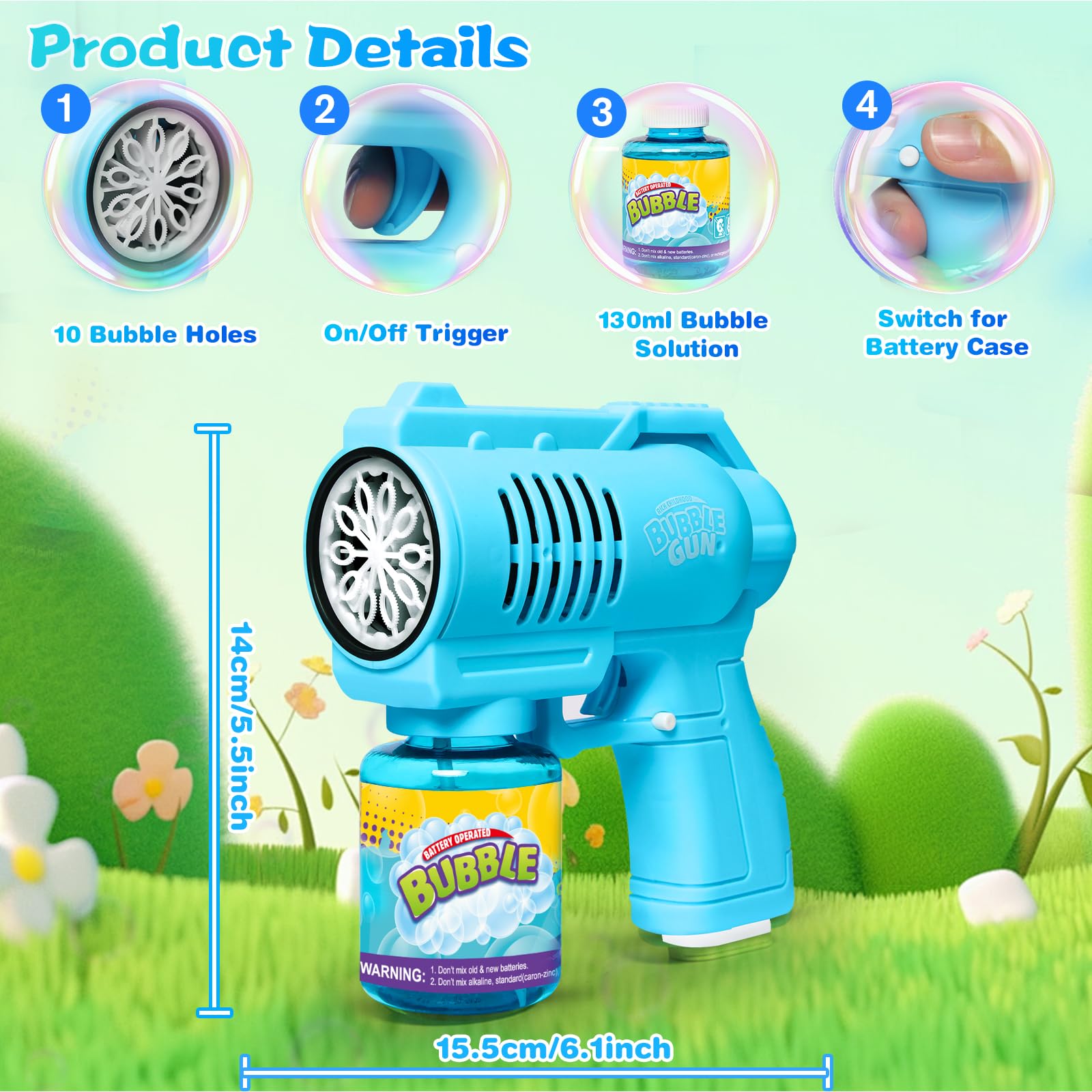 BUBOJOY Pistolet à Bulles pour Enfants, Machine à Bulles Automatique 10000+ Bulles/Min avec Solution, Souffleur de Bulles Silencieux avec Lumières pour en Plein air Fêtes Mariage- Bleu - 5