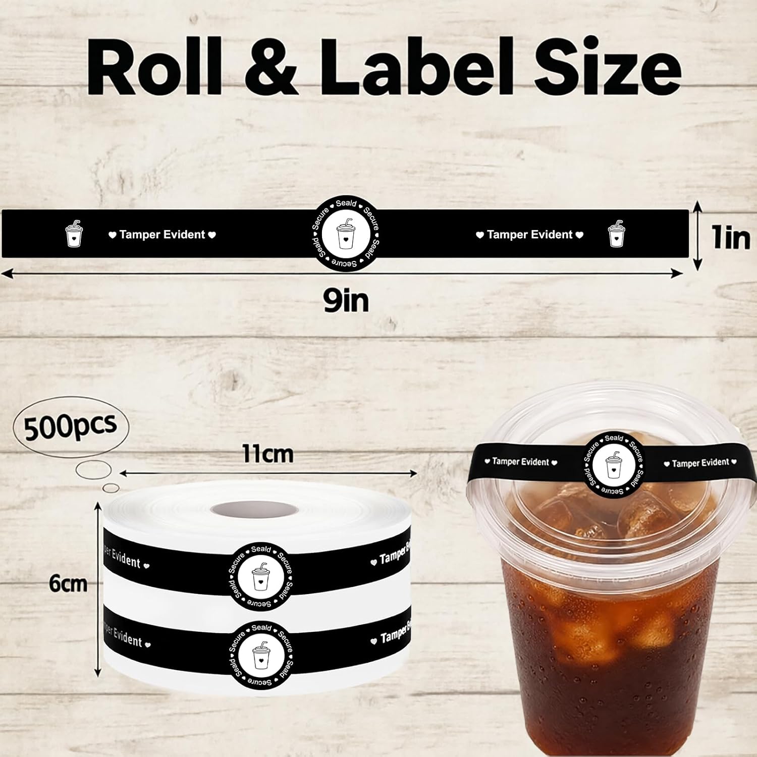 Safe Secure Tamper Evident Seals Stickers， Tamper Evident Seals for Drink Lids， 500 Pcs 1x 9 inches Applicable to Ice Cream Coffee Drink Food （Black）