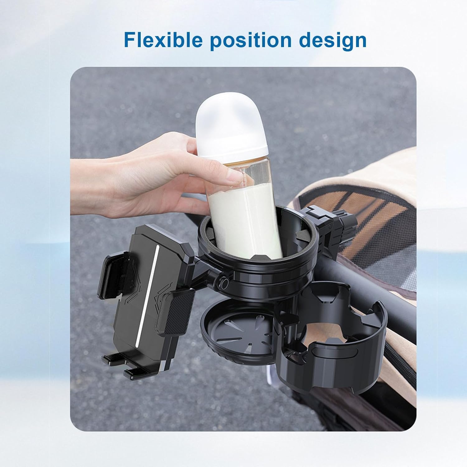 Stroller Cup Holder, Adjustable Baby Stroller Accessory with Phone Mount, Dual Cups Mode for Parents on Walkers and Scooters