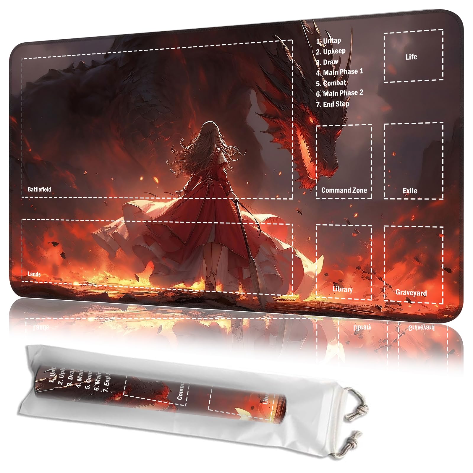 JANENFNA Playmat 24" x 14" with Magic Zones for MTG Card Game Playing, Board Game Mat for Card Breaking Commander Deck Gaming Card Game Battles Mat with Storage Bags, Fantasy Dragon and Battlefield