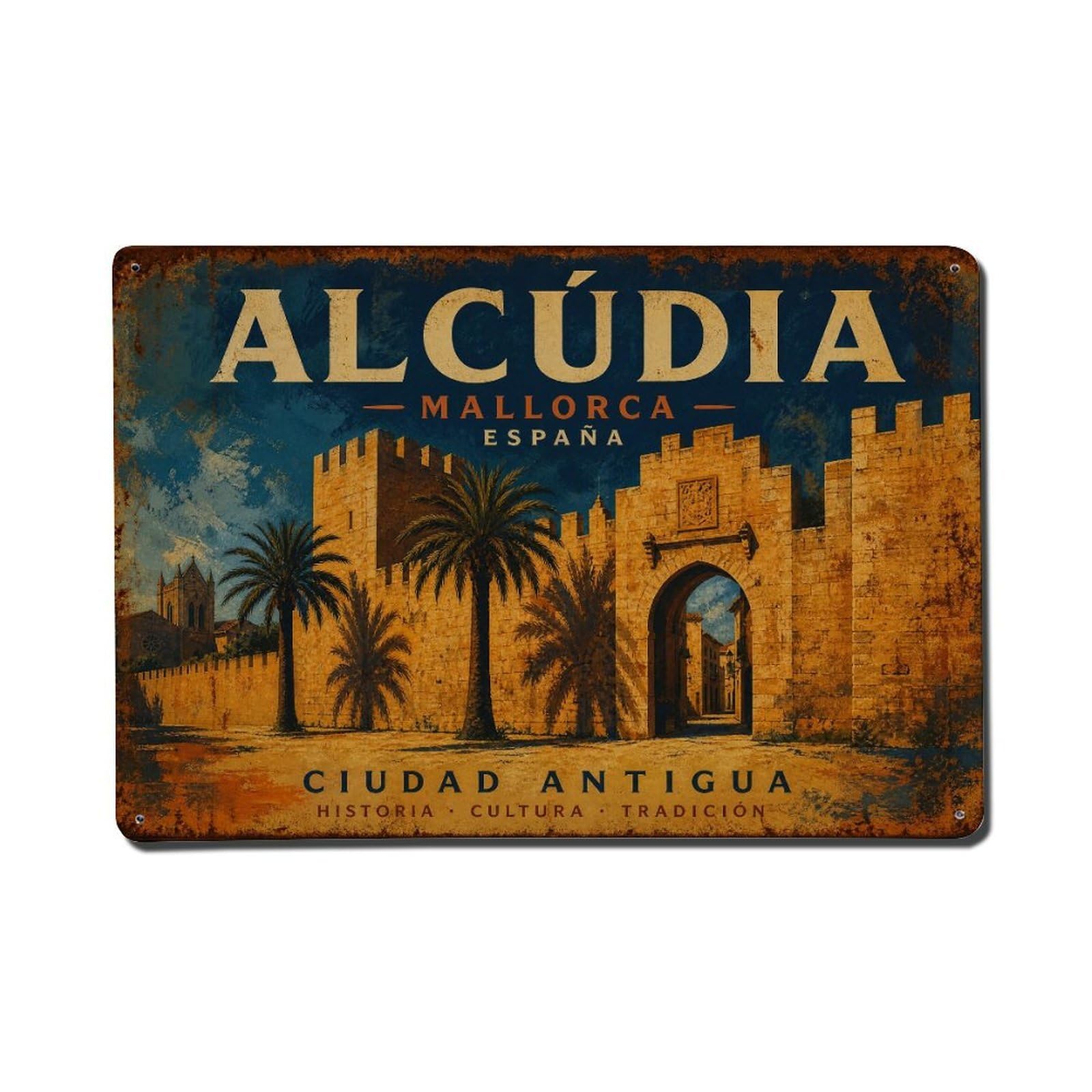 Fyrn Style Metal Tin Sign Vintage Travel Alcudia Old Town Mallorca Medieval Walls