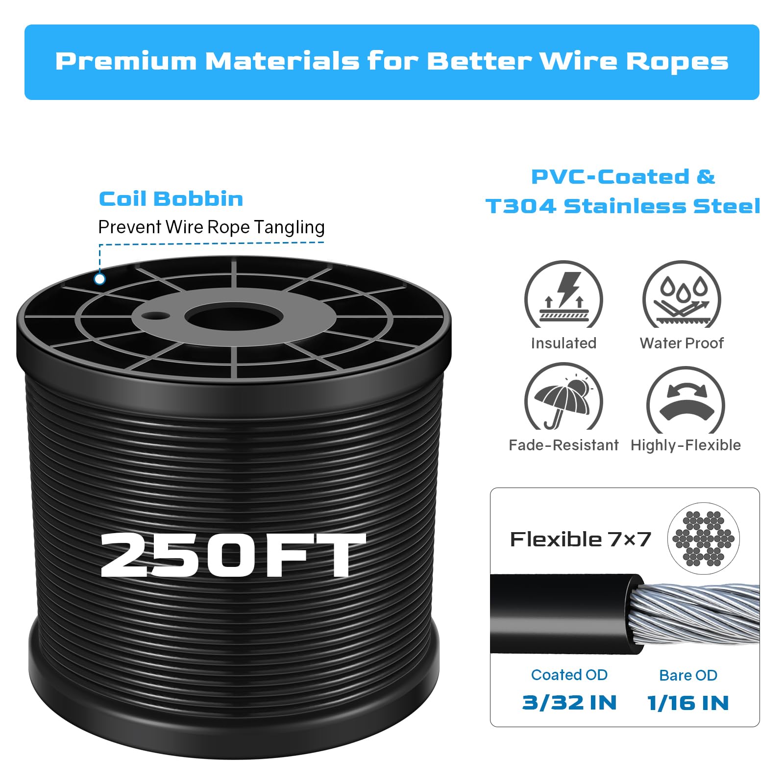 Kit de cadena de luces para colgar con cable de acero inoxidable 304 recubierto de vinilo de 250 pies, kit de suspensión de luces de cadena, cable guía con tensores y ganchos para patio, 3