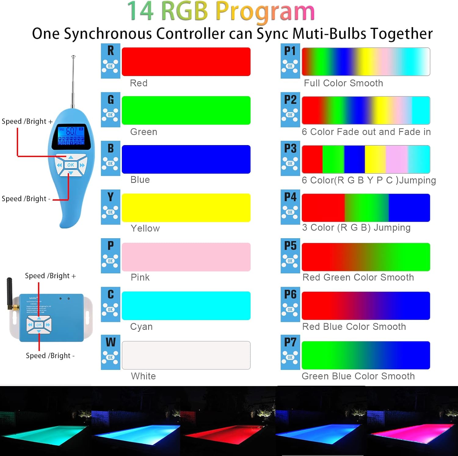 Diagram illustrating the 14 RGB color programs and the remote control interface for the LyLmLe pool light.