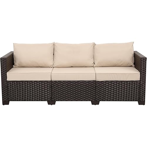 WAROOM Patio Couch PE Rattan 3-Seat Outdoor Sofa Brown Wicker Furniture Set Deep Seating with Anti-Slip Beige Cushion