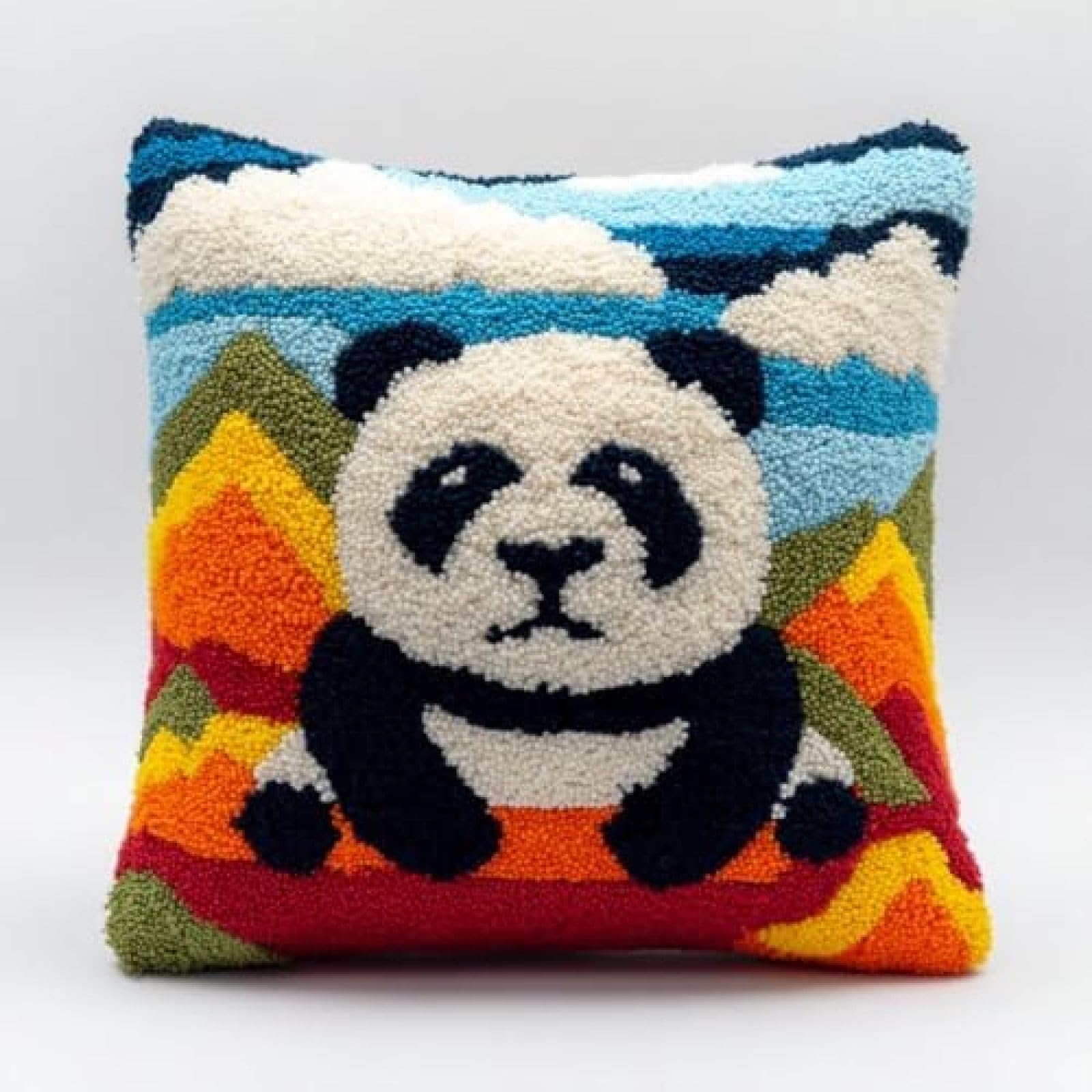 kitphoenix DIY Latch Hook Cushion Kit Panda and Mountains,Beginner-Friendly Rug Hooking Pillow Kit,Crochet Craft Cushion Cover for Home Decor,43x43 cm