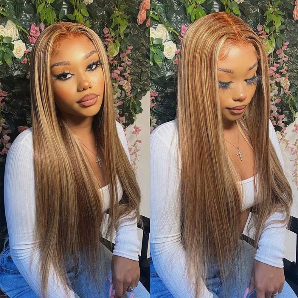 Honey Blonde Ombre Highlight color Straight Human Hair Wigs 180 Density#4T27 Wigs 13X6 HD Transparent Lace Front Wig Glueless Wig Brazilian Remy Human Hair With Baby Hair For Black Women