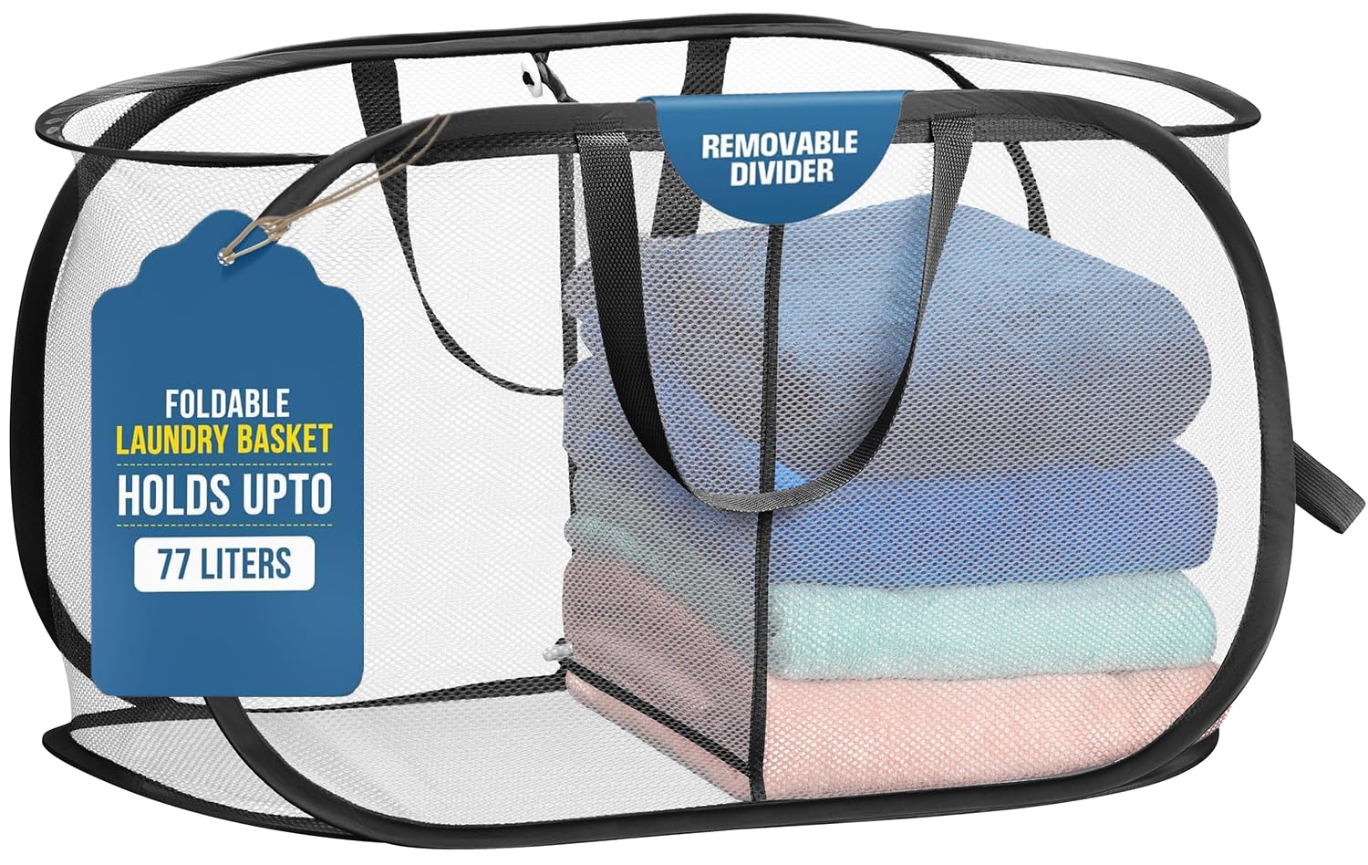 Foldable Laundry Basket - Popup and Collapsible, Durable Mesh Material, Folds for Storage, Easy Carry Handles - Great Hamper for College Dorm, Laundry Room or Travel (White-Black, 2-Compartments)