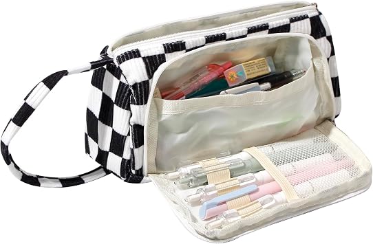 Large Pencil Case Pouch School Supplies Aesthetic Stationery Pen Bag for Girls Kids ,D Black and white grid