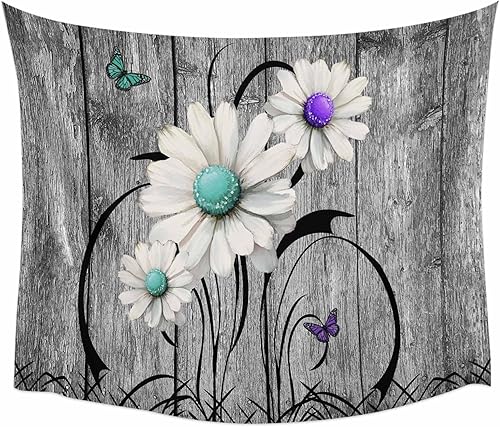 Tapiz para colgar en la pared, tapices estéticos para dormitorio, margaritas moradas, color verde azulado, tablero de madera, tapiz de pared
