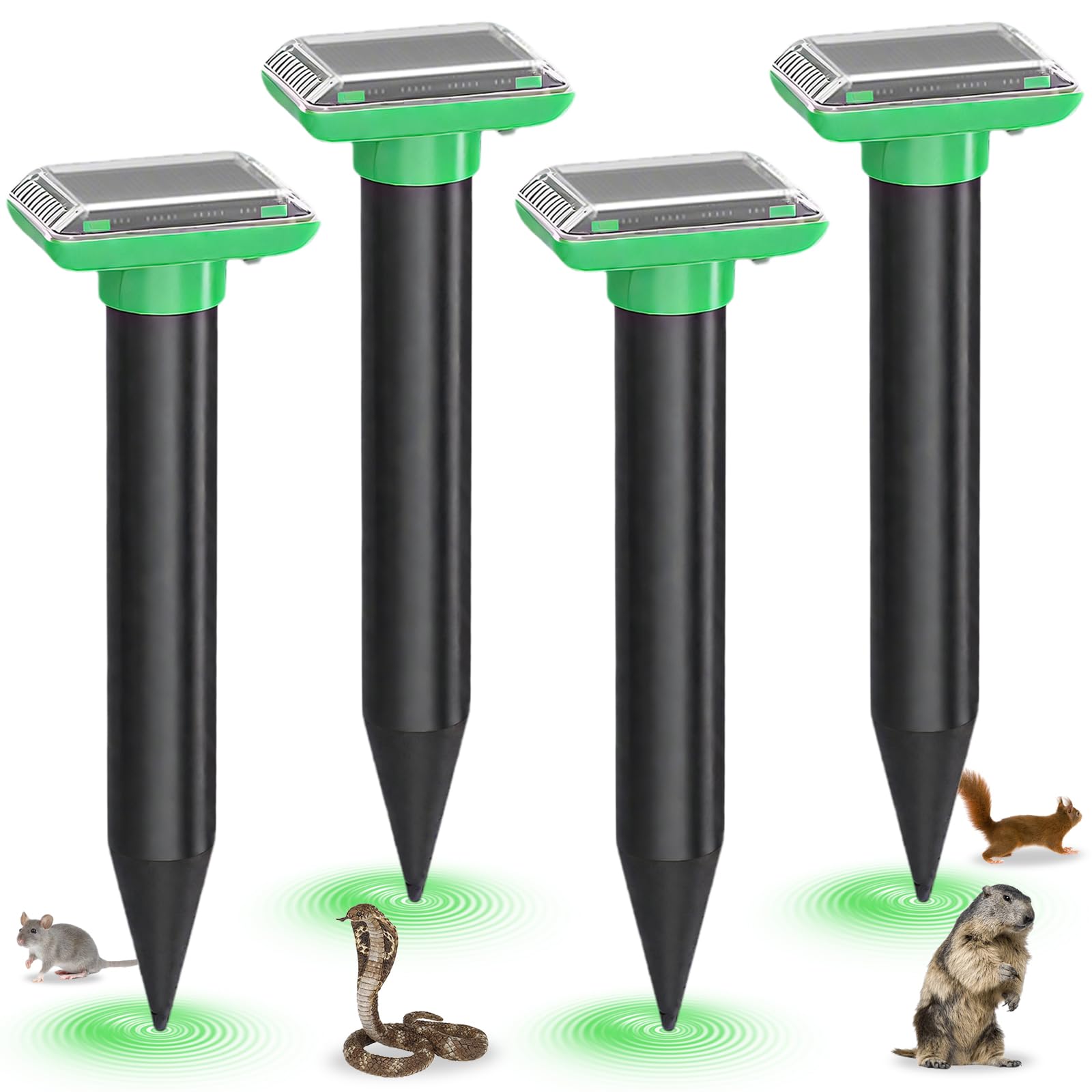 Lot de 4 répulsifs solaires Anti-Taupes, Répulsif à ultrasons, Fréquence Variable 400-1000 Hz, IP66 Imperméable, Dissuasif Efficace Repulsif Pigeon, Anti Souris Gopher, piège à Serpents
