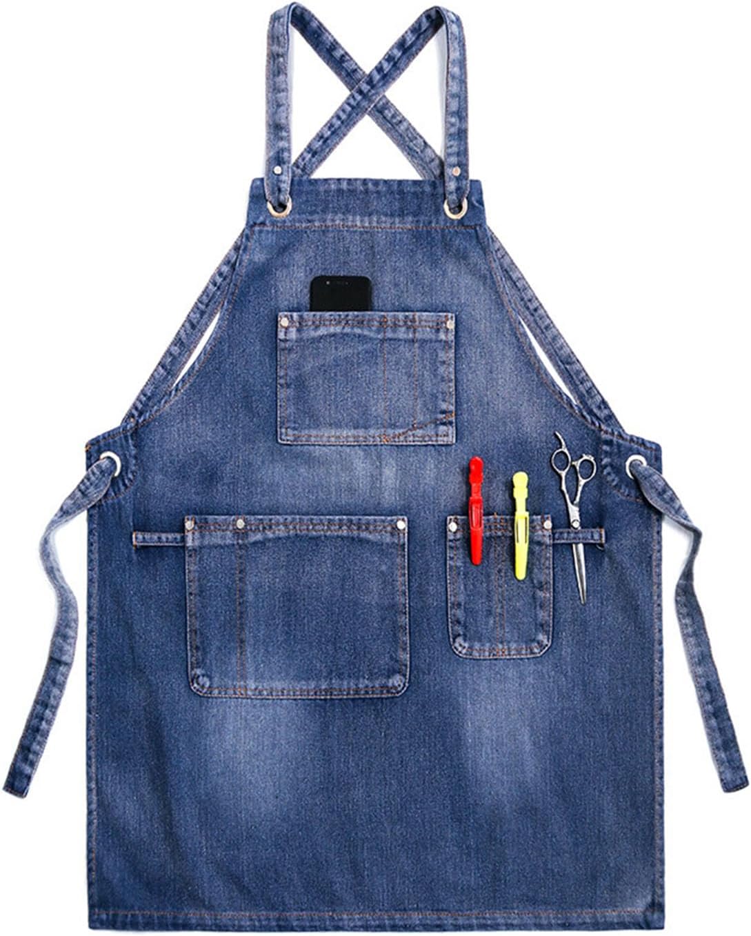 Work Aprons for Men And Women Denim Multi-tool Pocket Adjustable Cross Straps Suitable for Cooking