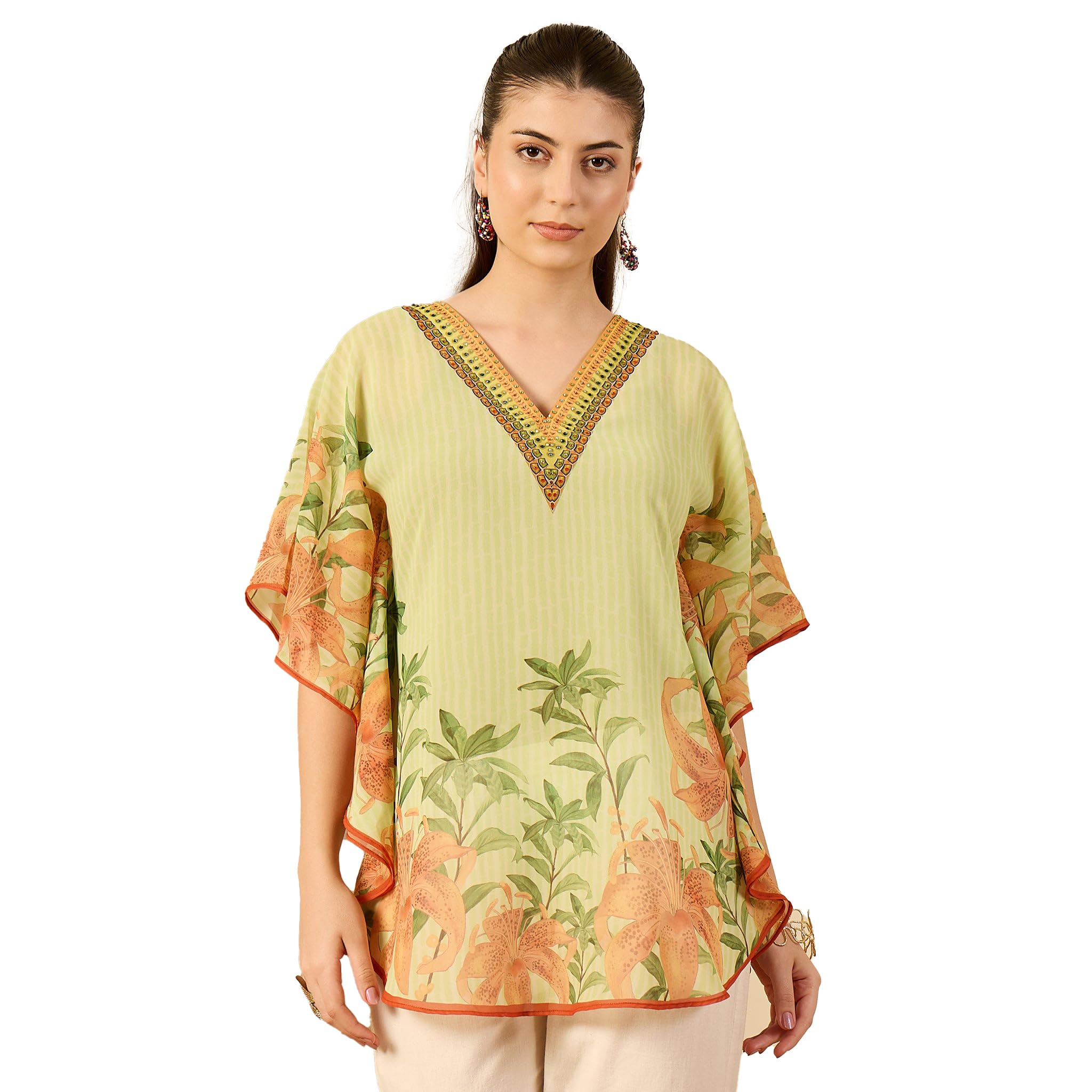 Lime Green Hibiscus Print Embellished Tunic-image-21