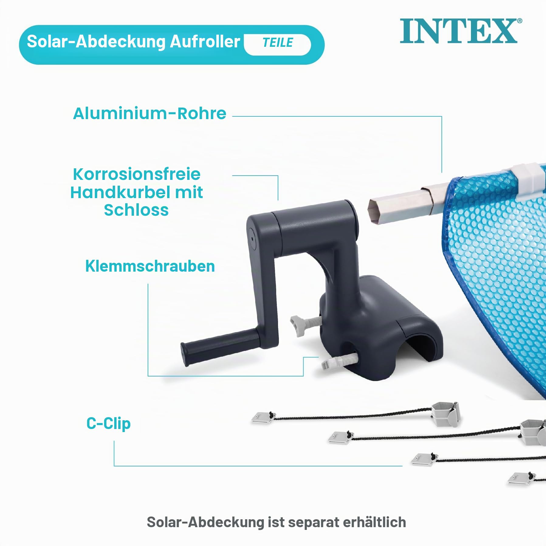 INTEX Solarfolien Abroller Poolabdeckung für Pools von 2,74 m bis zu 4,88 m Solarabdeckungs-Spule für Rectangular Frame Pools, Rollvorrichtung für Thermo-Abdeckplanen (28051)