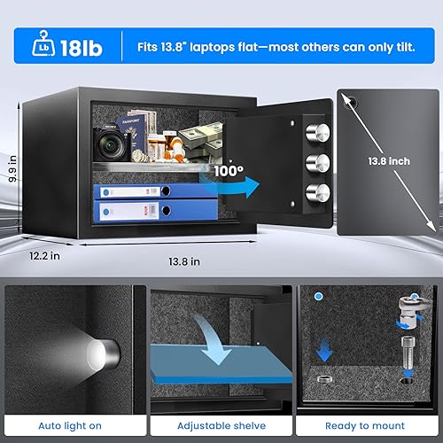 Miniatura 4 de Caja de seguridad personal para documentos de hogar de 1.5 pies cúbicos, almacenamiento plano tamaño carta, interior de fieltro, caja fuerte de