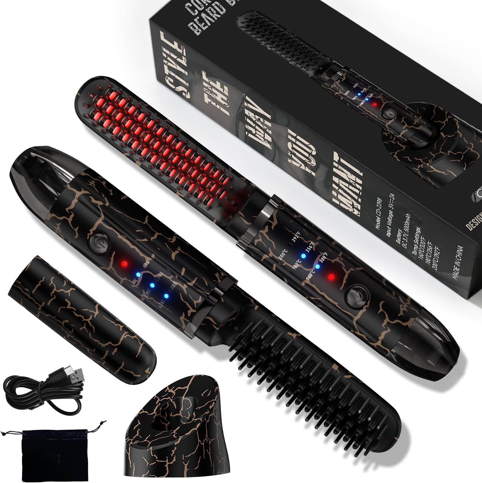 Beard Straightener for Men, Cordless Beard Heated Brush and Hair Straightener Hot Comb with 3 Temp Settings, Anti-Scald, Ionic Technology for Home Travel