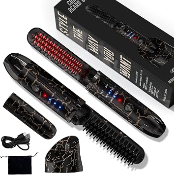Beard Straightener for Men, Cordless Beard Heated Brush and Hair Straightener Hot Comb with 3 Temp Settings, Anti-Scald, Ionic Technology for Home Travel