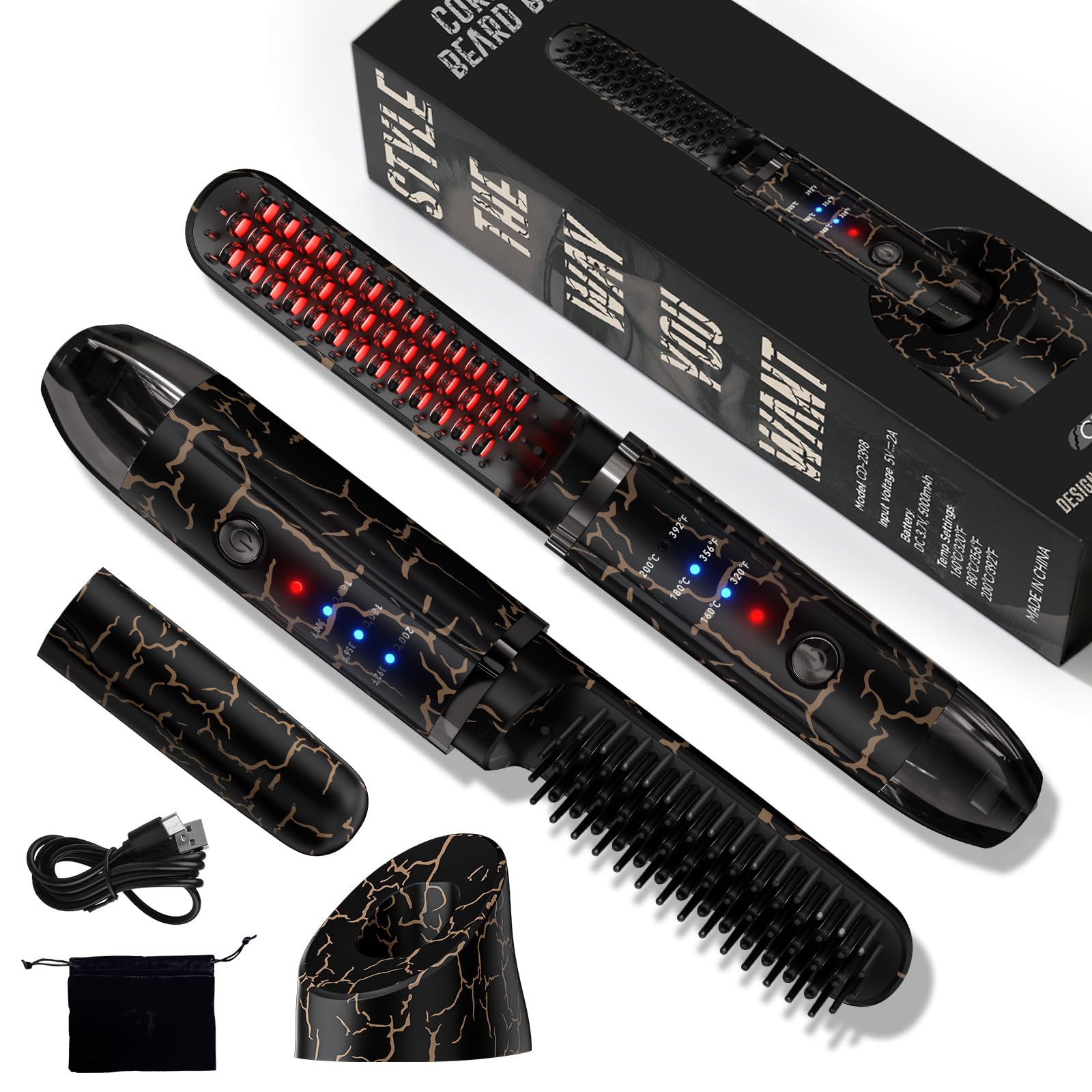 Beard Straightener for Men, Cordless Heated Brush and Hair Straightener