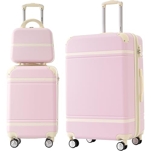 Merax Luggage Set 2 Piece Suitcase Set with Cosmetic Case Expandable Spinner Wheels Vintage Luggage Sets(Light Pink,20"+28")
