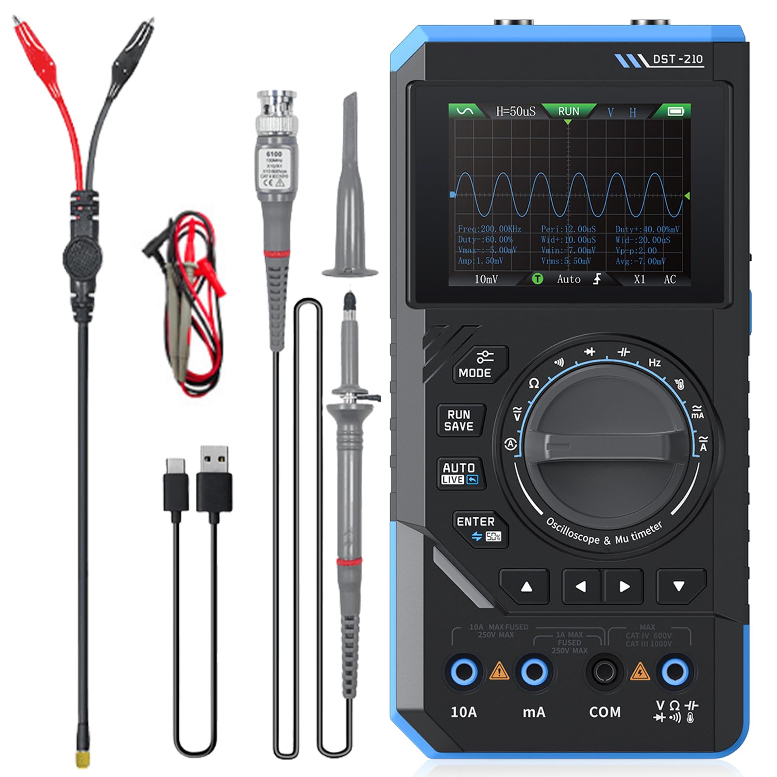DST-210 Handheld Oszilloskop, 3 in 1 Digital Multimeter 10MHz Bandbreite Oscilloscope 48MSa/s Abtastrate 19999 Zählimpulse 2.8'' TFT Signalgenerator AC/DC Spannungstest Kondensator Widerstand Diode
