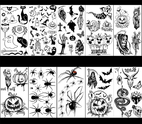 Miniatura 2 de 10 hojas de tatuajes temporales de Halloween para mujeres y hombres, calavera negra de terror, fantasma, araña, tatuajes falsos 3D, calcomanías para