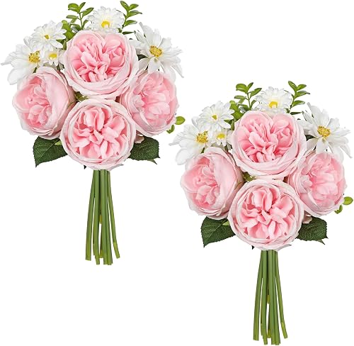 GnFlus Artificial Peony Flower Stems 2 Pack (22PCS) Faux Pink Peonies & Daisies 