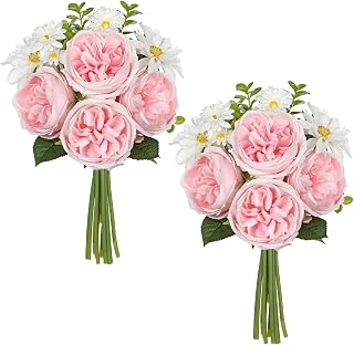 GnFlus Artificial Peony Flower Stems 2 Pack (22PCS) Faux Pink Peonies & Daisies Silk Flowers 14.5" Realistic Fake Flowers for Vase Centerpiece Wedding DIY Bridal Bouquet Home Decor