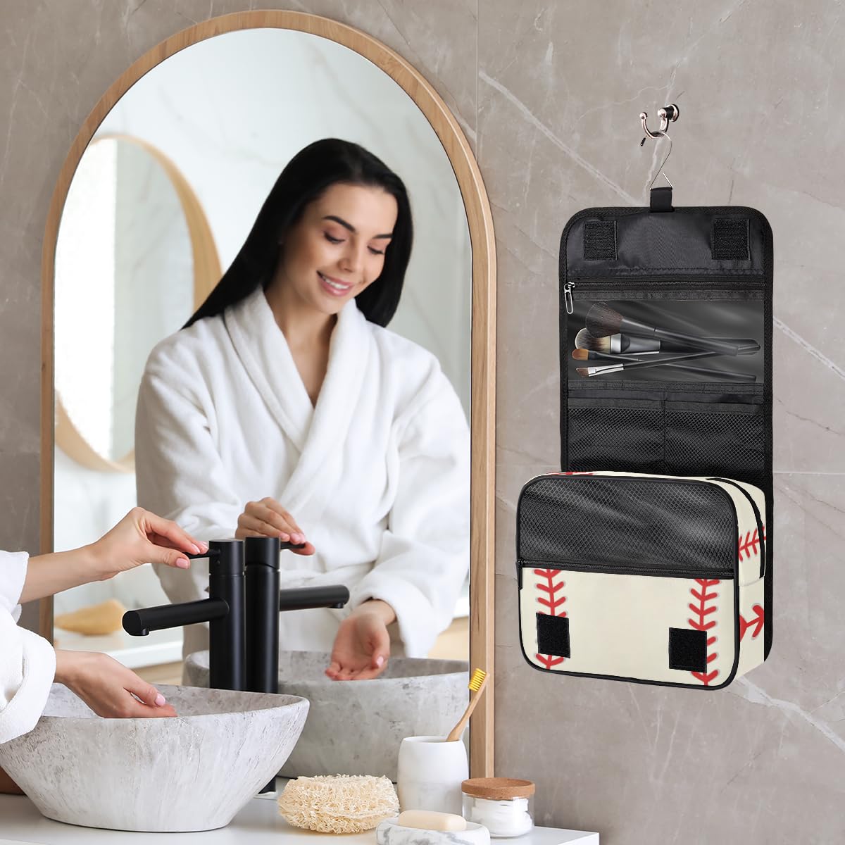 Neceser de viaje colgante de béisbol para niños, organizador de cosméticos para mujeres, bolsa de maquillaje para hombres, kit de afeitado, bolsa de ducha con gancho resistente, Béisbol,