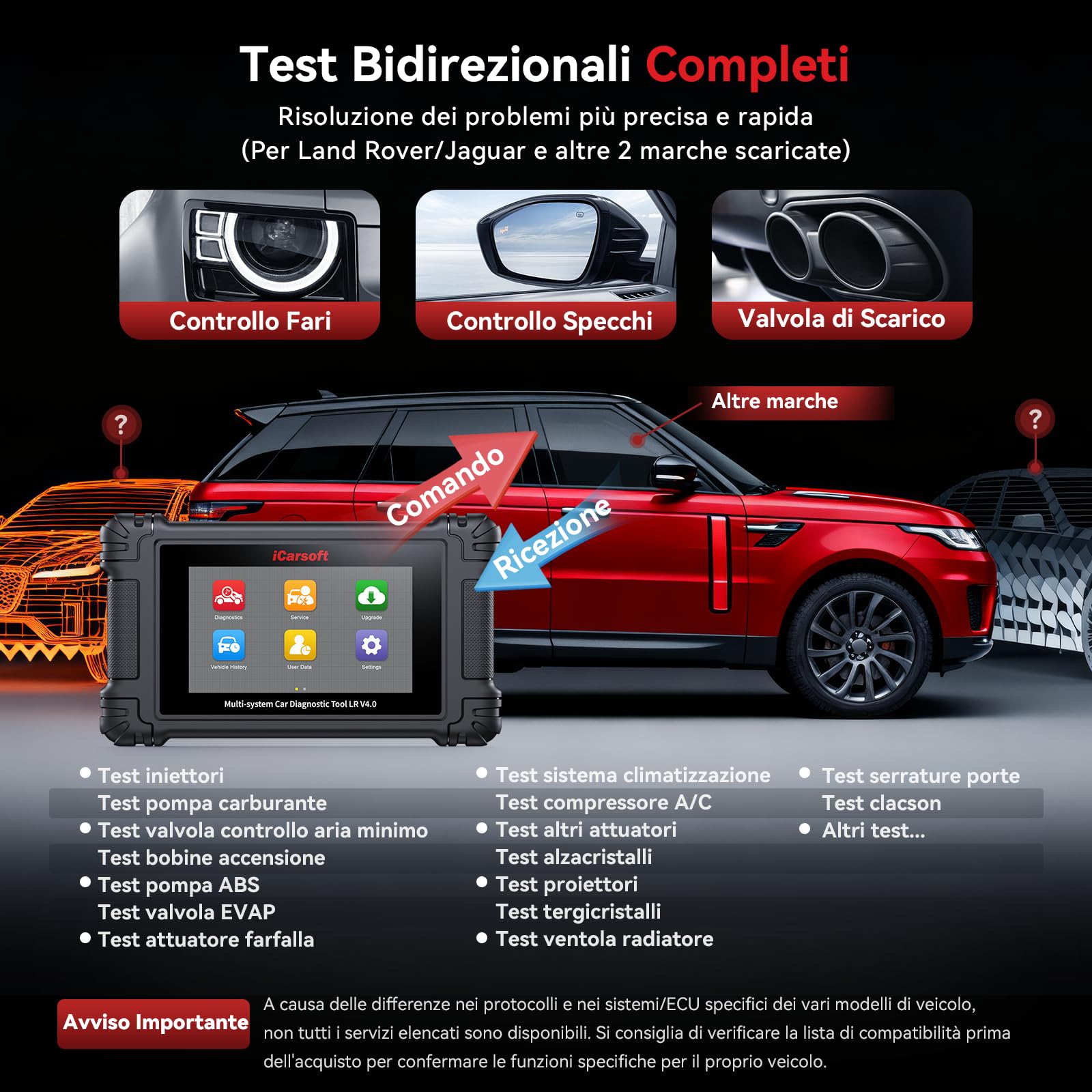 iCarsoft LR V4.0 OBD2 Auto Diagnostica per Land Rover/Jaguar+ 2 Marche Opzionali, Diagnosi Auto Professionale in Italiano Tutti i Sistemi, 37 Servizi, Test Bidirezionale, Auto VIN, Aggiornamento WiFi