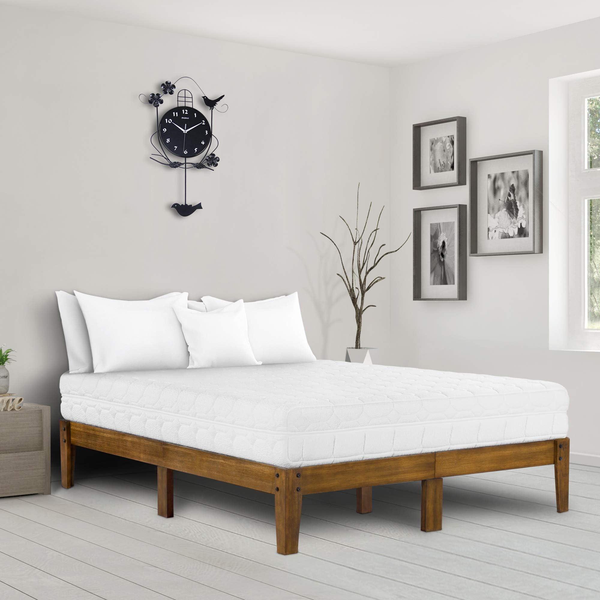 Ecos Living 14 Inch High Rustic Solid Wood Platform Bed with Natural Finish/No Box Spring/No Squeak (Light Brown, King)